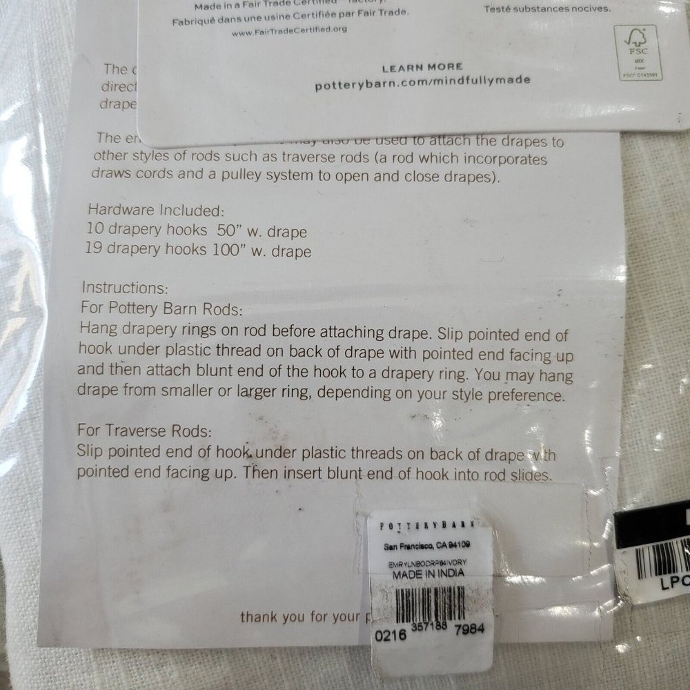 Pottery Barn Emery Drape Grommet Curtain Blackout Curtain 50" x 84" White - Picture 6 of 7
